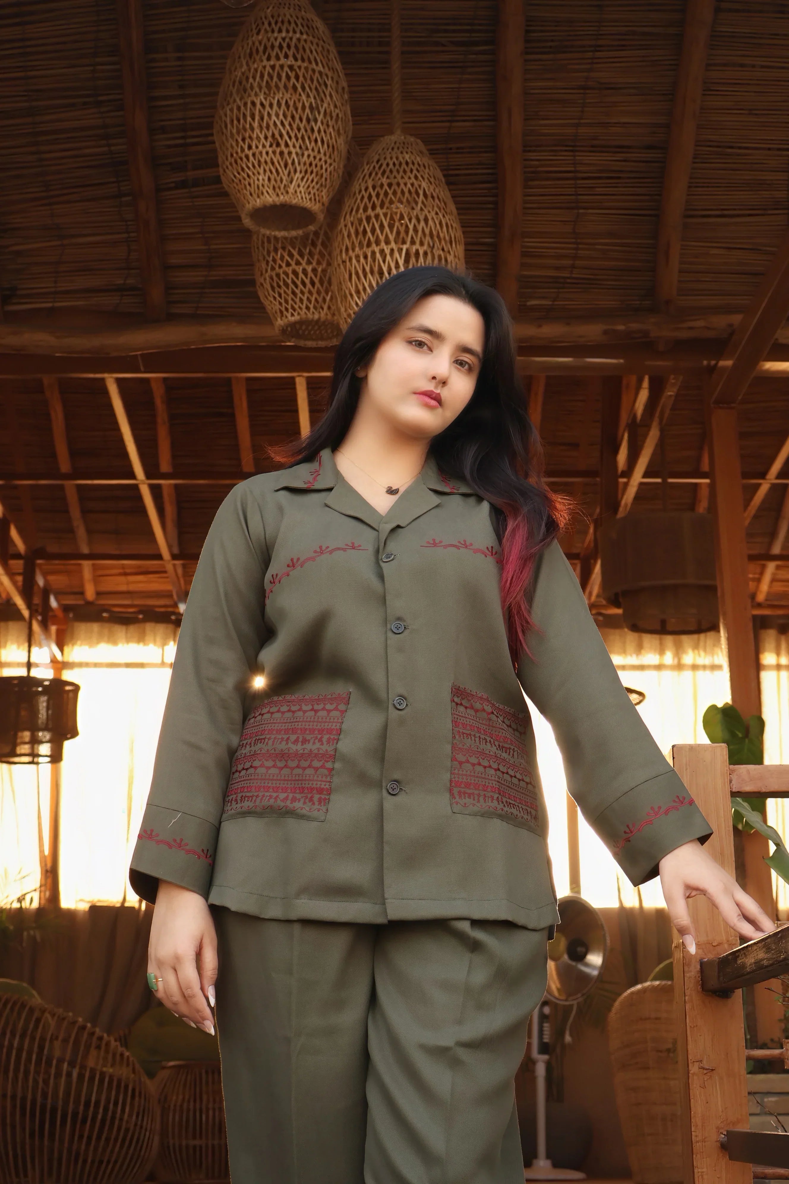 OLIVE EMBRIODERY CO ORD SET