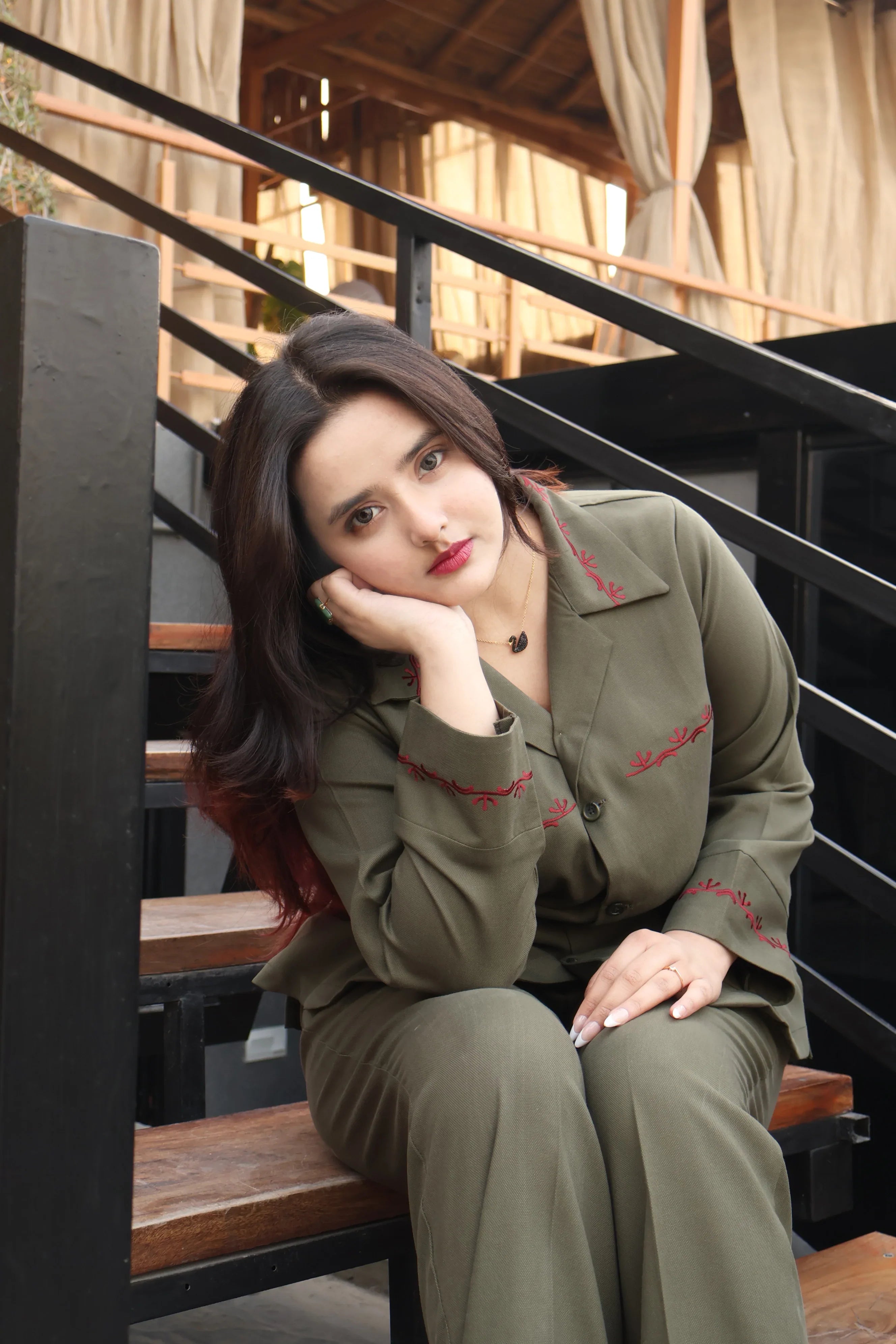 OLIVE EMBRIODERY CO ORD SET