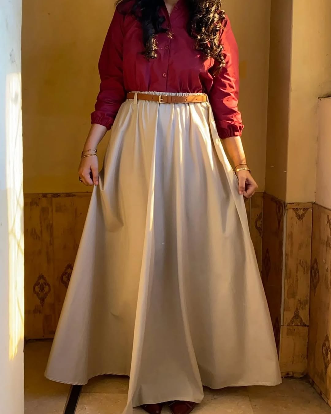 MEHROON SHIRT SKIRT WITH BELT